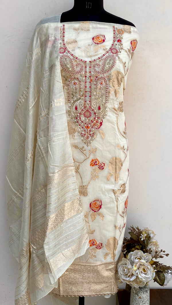 Designer Embroidered Suit Length 3 Piece Cream Mal Chanderi With Sequence Work