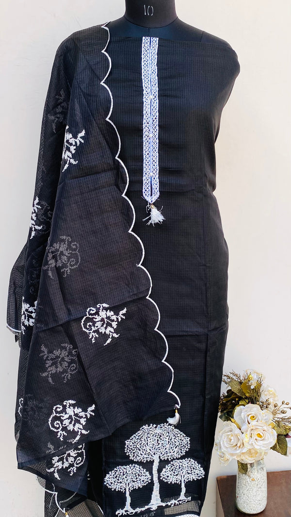 Designer Embroidered Suit Length 3 Piece Black Kota With Stone Work