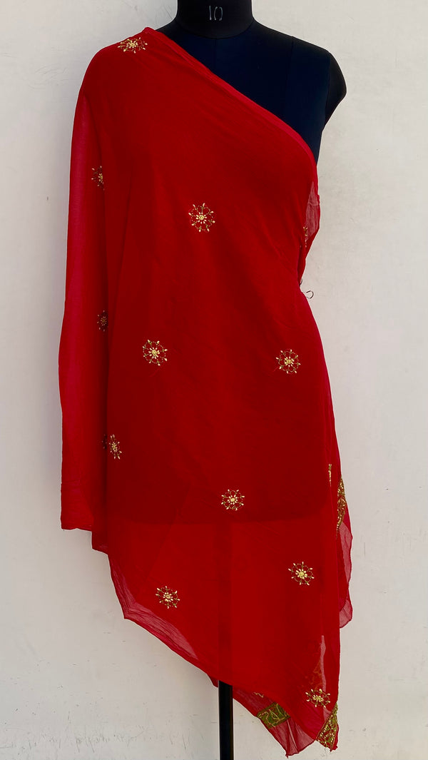 Lucknowi Chikankari Dupatta Red Chiffon