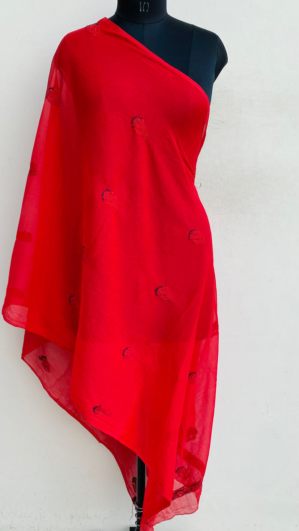 Lucknowi Chikankari Dupatta Red Chiffon