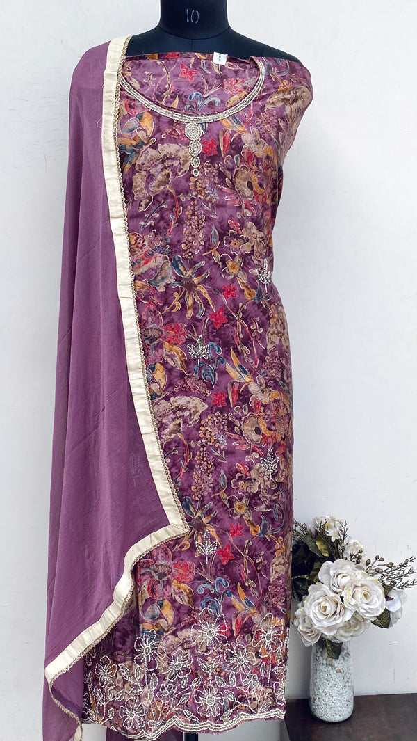 Designer Embroidered Suit Length 3 Piece Purple Muslin Cotton With Cutdana & Pearl Work