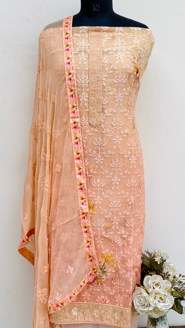 Designer Embroidered Suit Length 3 Piece Peach Georgette With Stone Work