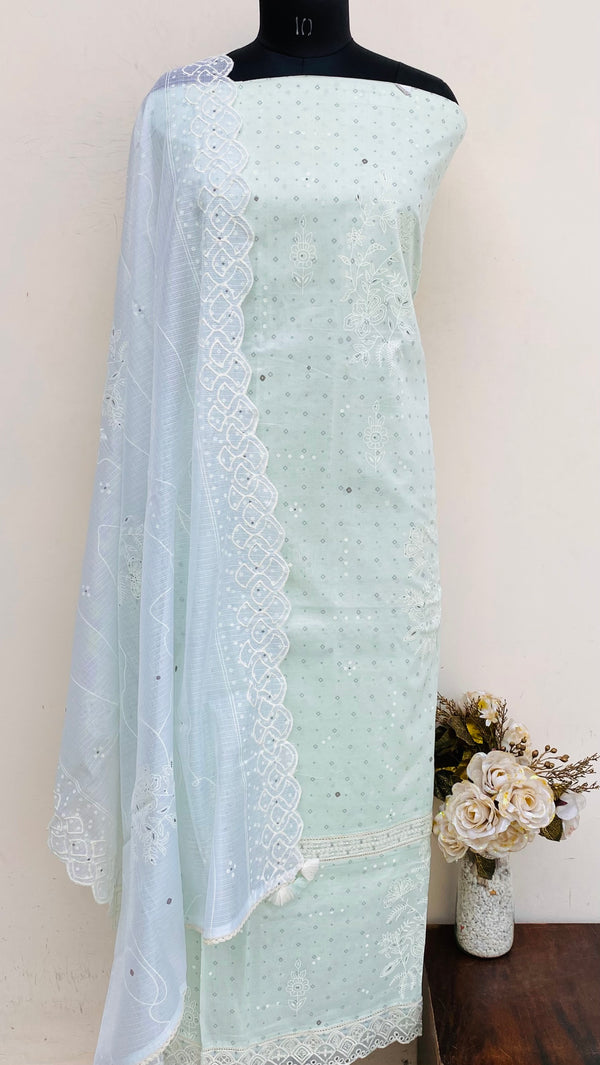 Designer Embroidered Suit Length 3 Piece Green Linen