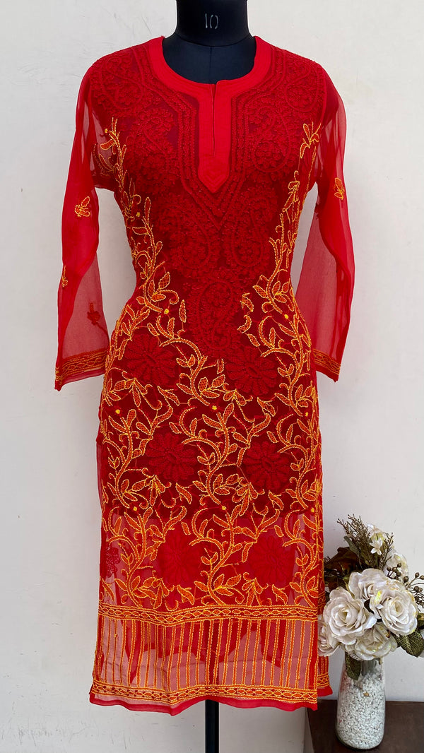 Lucknowi Chikankari Kurti Red Georgette