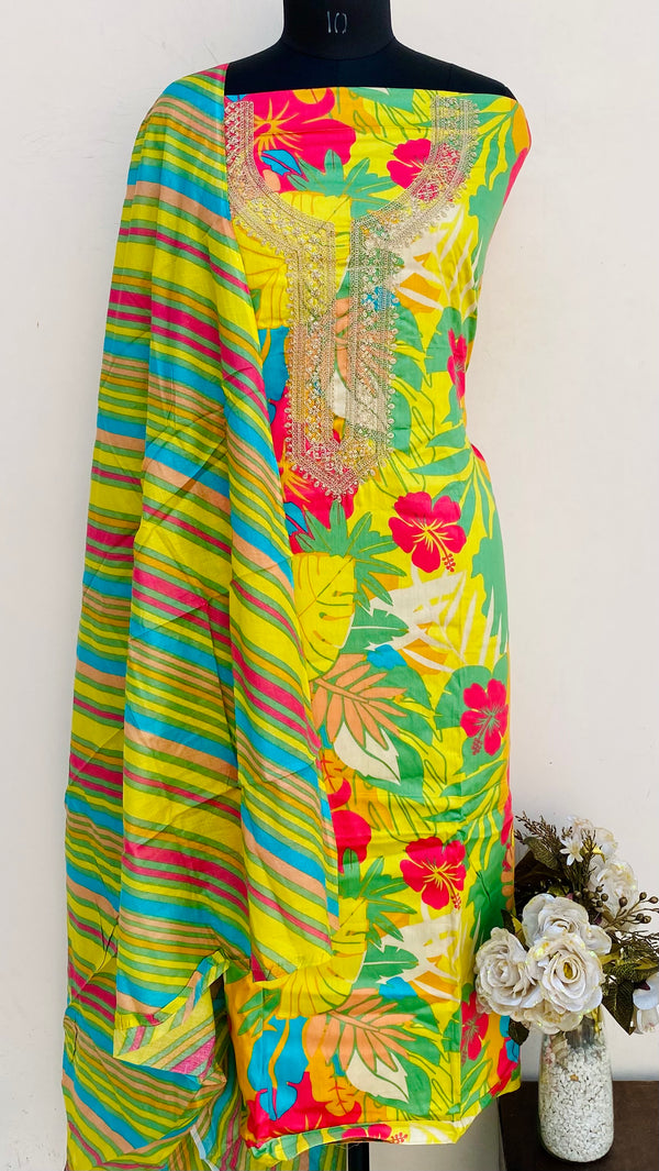 Designer Embroidered Suit Length 3 Piece Yellow Muslin Cotton With Sequence Work