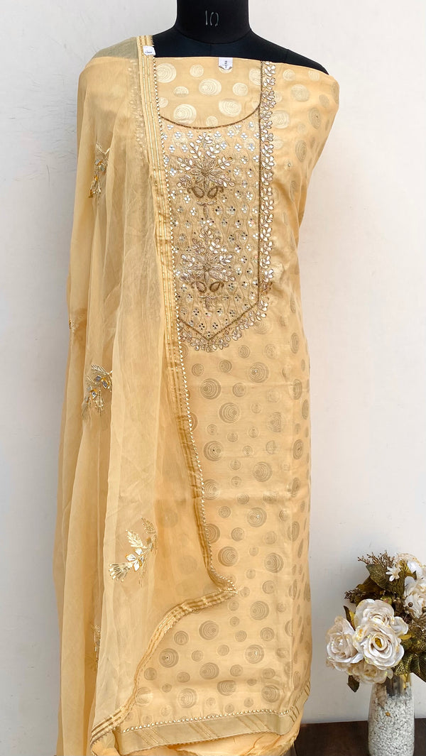 Designer Embroidered Suit Length 3 Piece Beige Mal Chanderi With Cutdana & Stone Work
