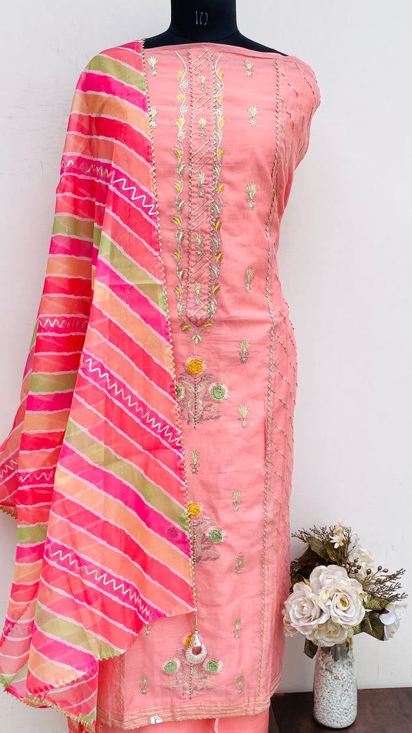 Designer Embroidered Suit Length 3 Piece Pink Mal Chanderi