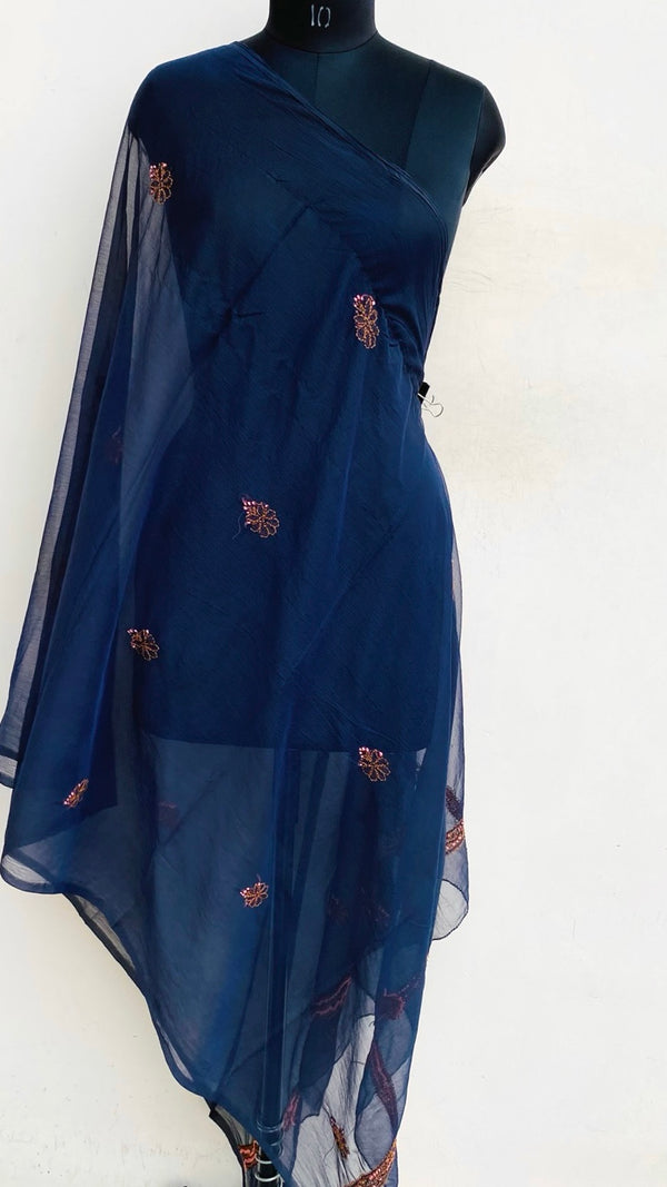 Lucknowi Chikankari Dupatta Navy Blue Chiffon
