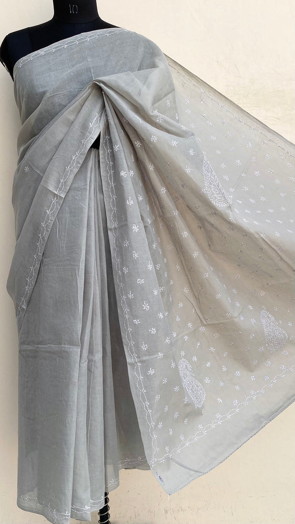 Lucknowi Chikankari Saree Gray Cotton