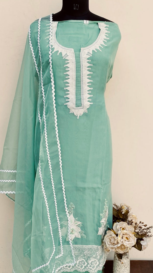Designer Embroidered Suit Length 3 Piece Green Organza With Mirror Work
