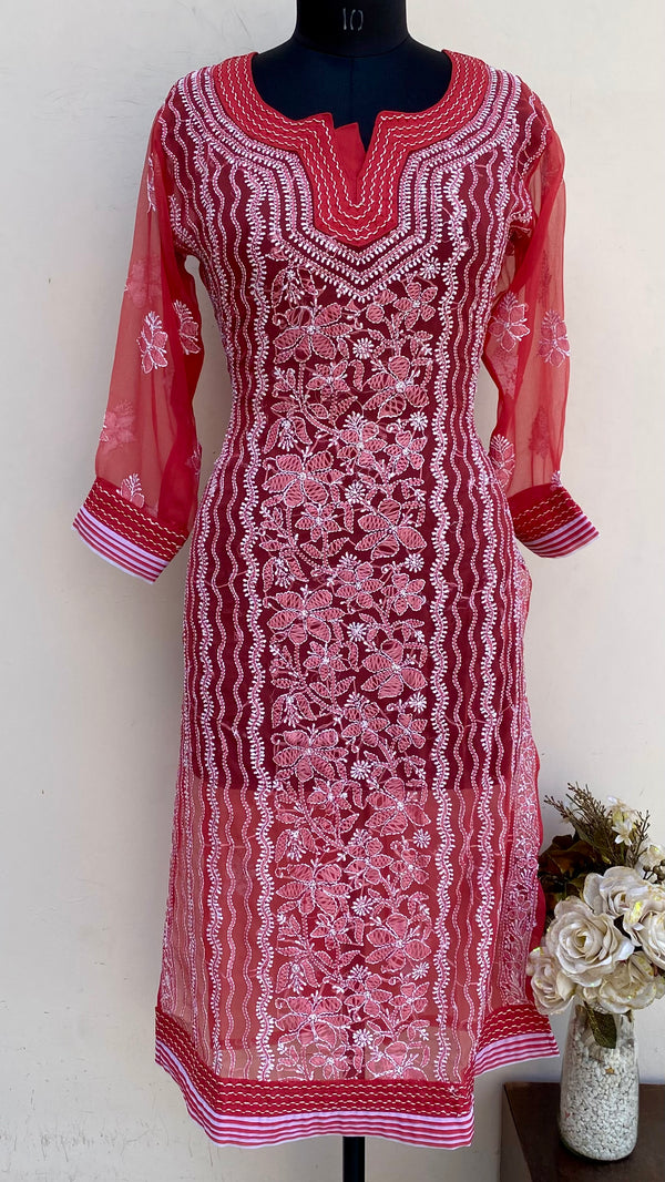 Lucknowi Chikankari Kurti Red Georgette