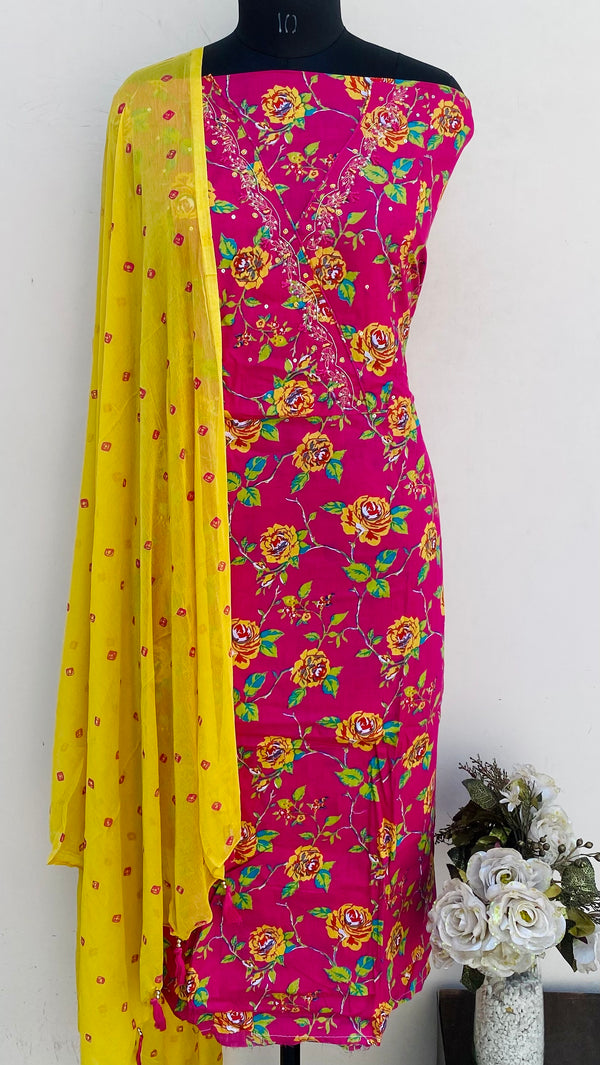 Designer Embroidered Suit Length 3 Piece Pink Mal Cotton With Pearl Work