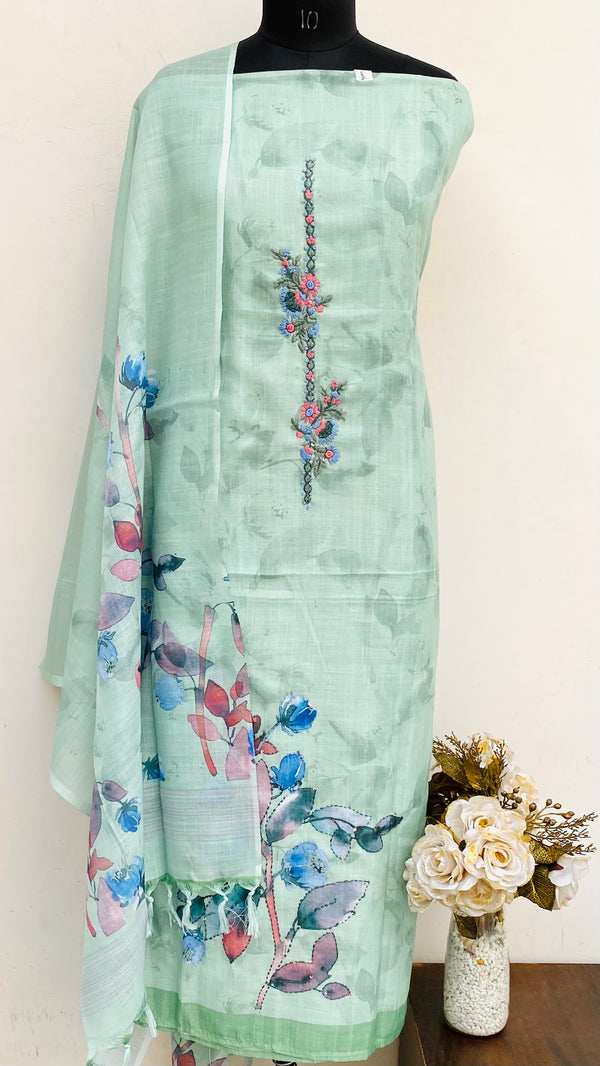 Designer Embroidered Suit Length 3 Piece Green Linen With Sequence Work