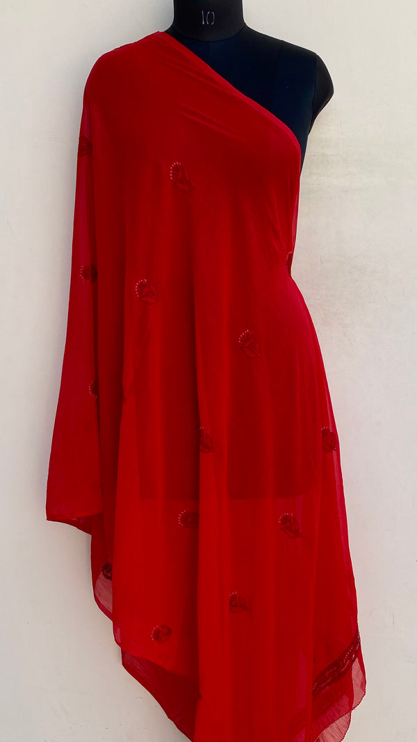 Lucknowi Chikankari Dupatta Red Chiffon