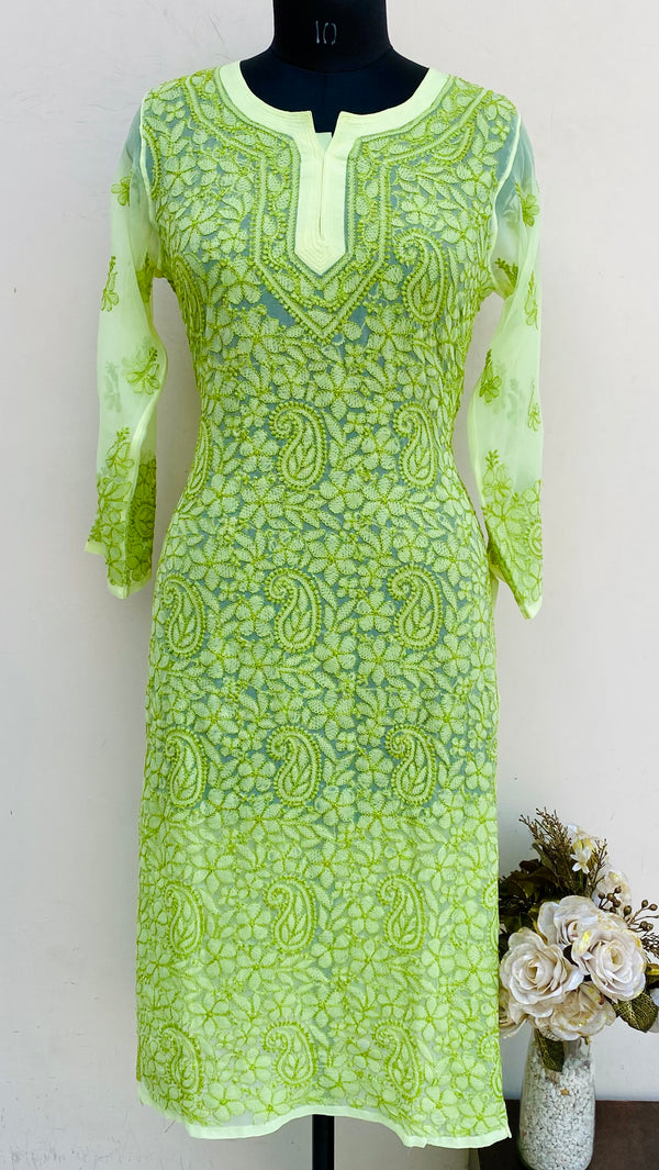 Lucknowi Chikankari Kurti Green Georgette
