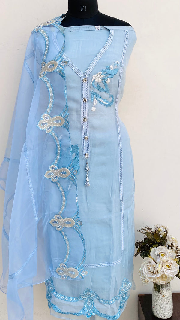 Designer Embroidered Suit Length 3 Piece Gray Organza