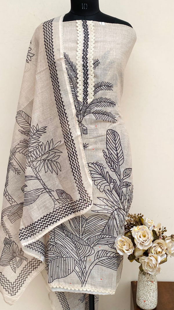 Designer Embroidered Suit Length 3 Piece Beige Linen With Pearl & Sequence Work