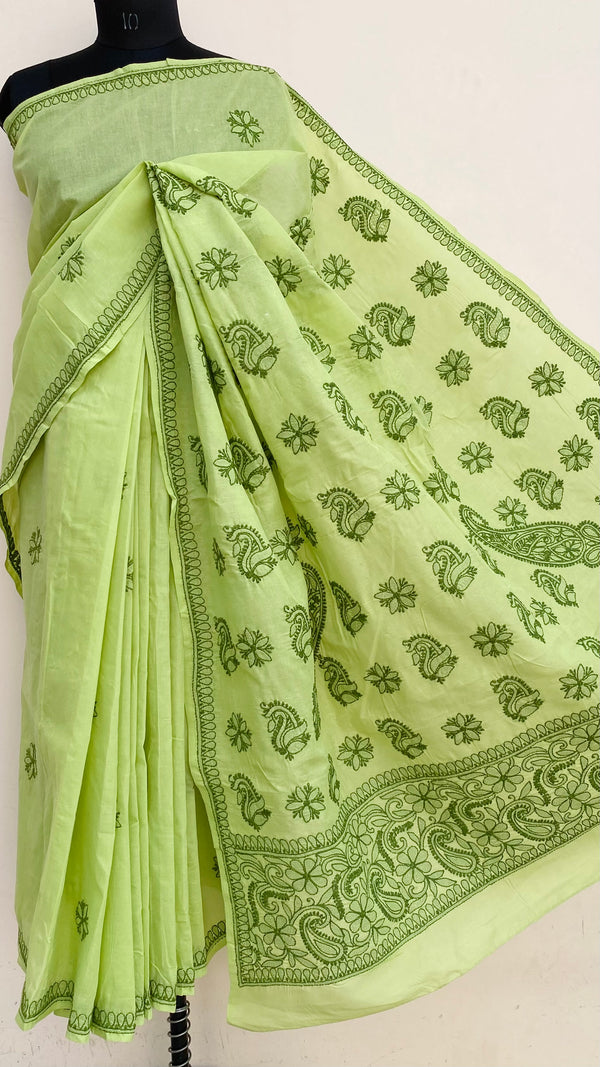 Lucknowi Chikankari Saree Green Cotton