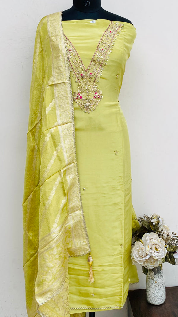 Designer Embroidered Suit Length 3 Piece Green Mal Chanderi With Sequence Work