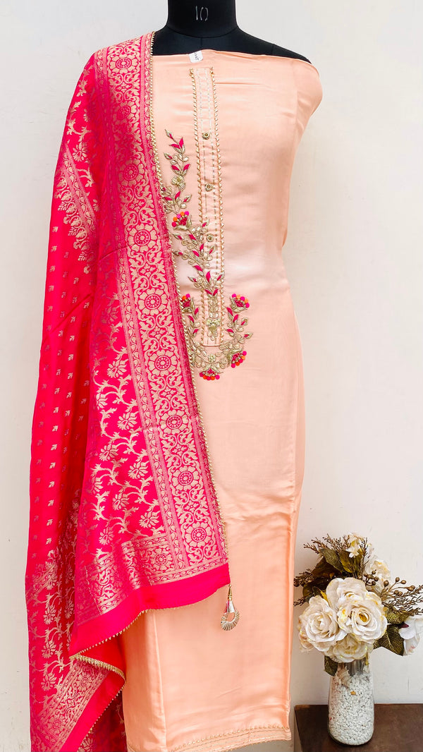 Designer Embroidered Suit Length 3 Piece Peach Mal Chanderi With Sequence & Pearl Work