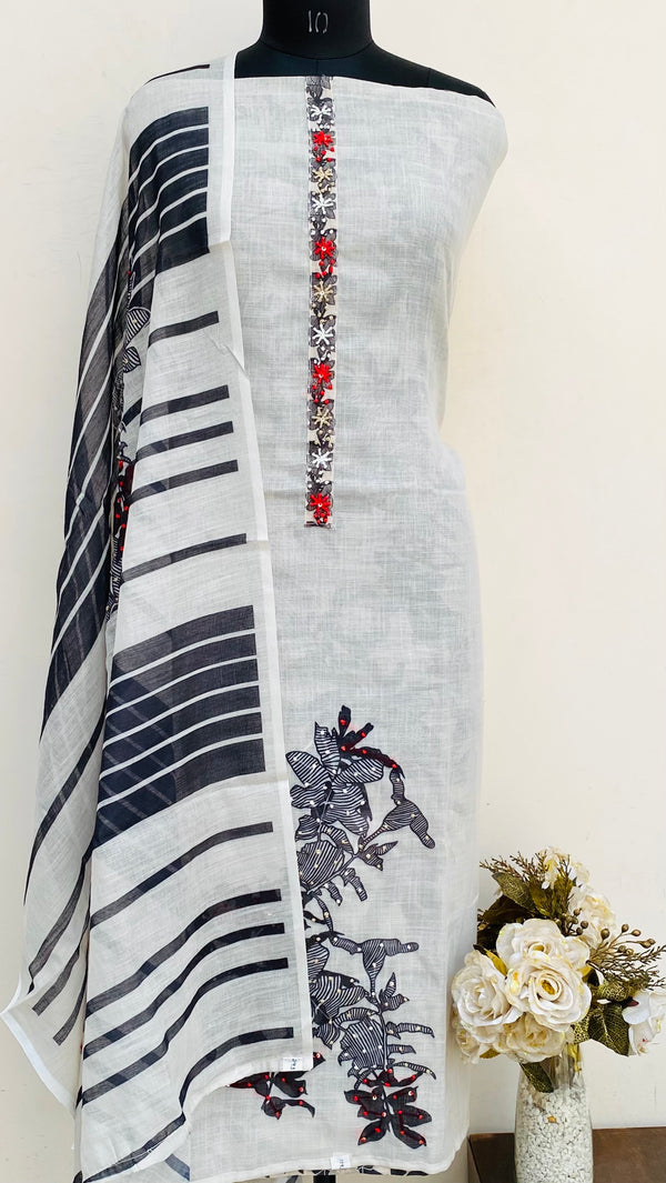 Designer Embroidered Suit Length 3 Piece Gray Linen With Sequence Work