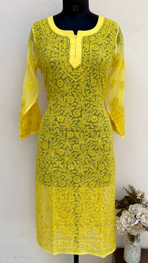 Lucknowi Chikankari Kurti Yellow Georgette