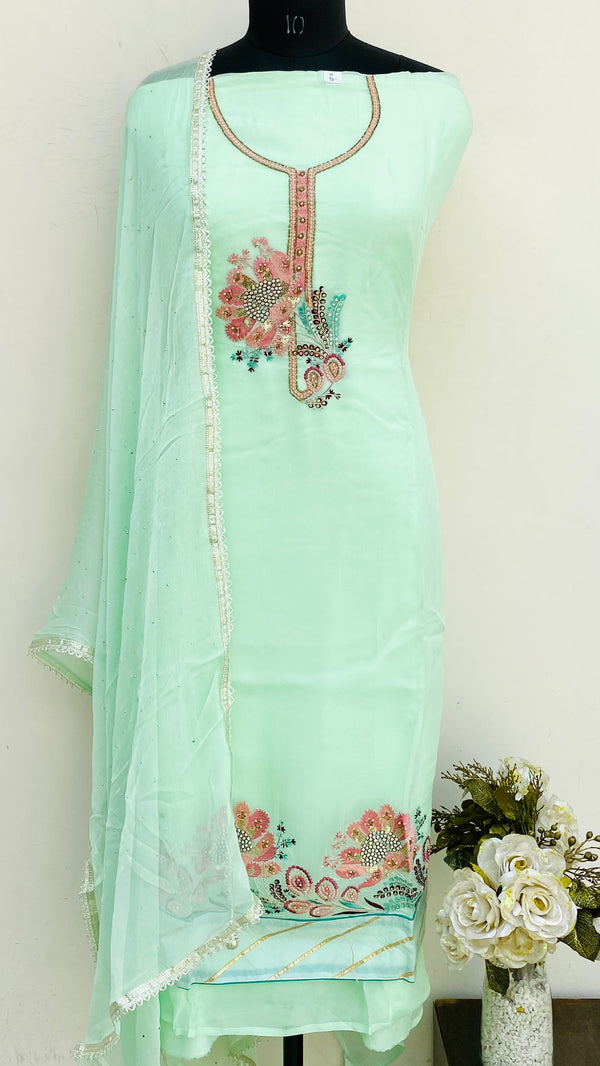 Designer Embroidered Suit Length 3 Piece Green Organza With Sequence, Pearl & Cutdana Work