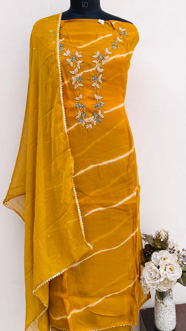 Designer Embroidered Suit Length 3 Piece Mustard Organza With Sequence & Cutdana Work