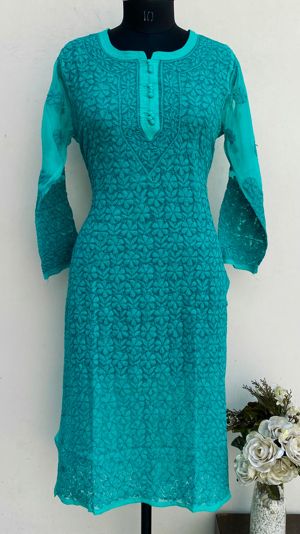 Lucknowi Chikankari Kurti Green Georgette