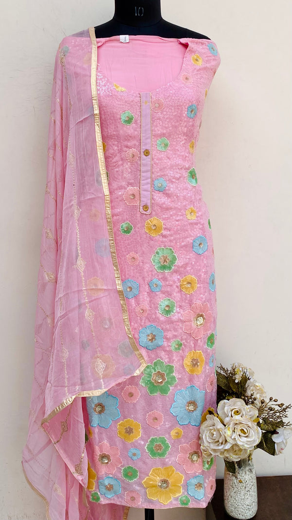 Designer Embroidered Suit Length 3 Piece Pink Georgette With Sequence Work