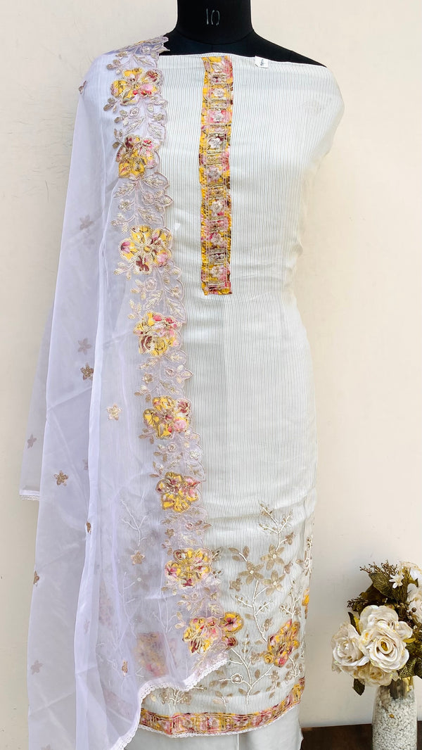 Designer Embroidered Suit Length 3 Piece Gray Mal Chanderi With Cutdana, Pearl & Sequence Work