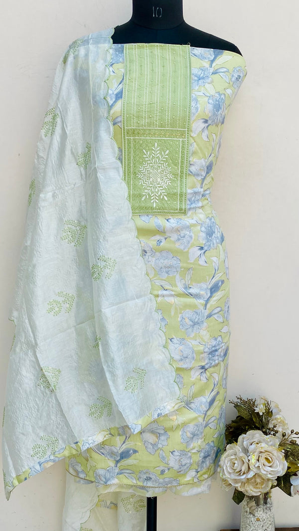 Designer Embroidered Suit Length 3 Piece Green Mal Cotton With Sequence Work