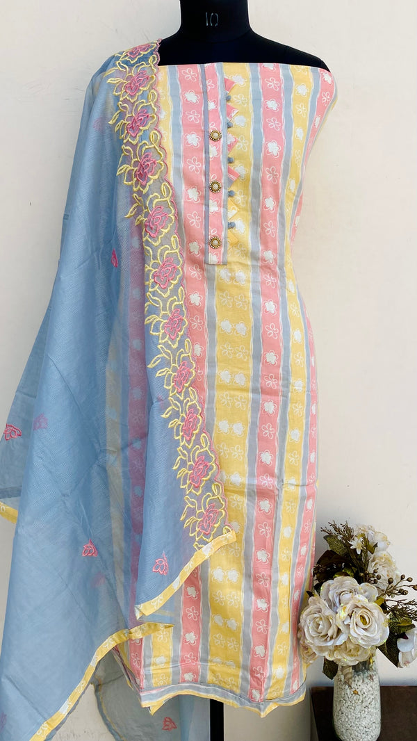 Designer Embroidered Suit Length 3 Piece Yellow Mal Cotton