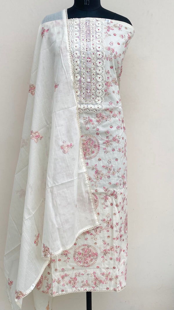 Designer Embroidered Suit Length 3 Piece Cream Mal Cotton With Pearl & Sequence Work