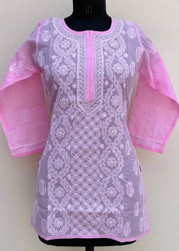 Lucknowi Chikankari Short Kurti Pink Cotton