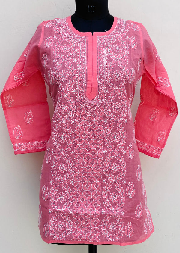 Lucknowi Chikankari Short Kurti Pink Cotton