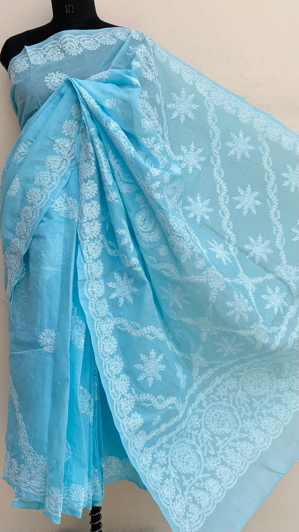 Lucknowi Chikankari Saree Blue Cotton