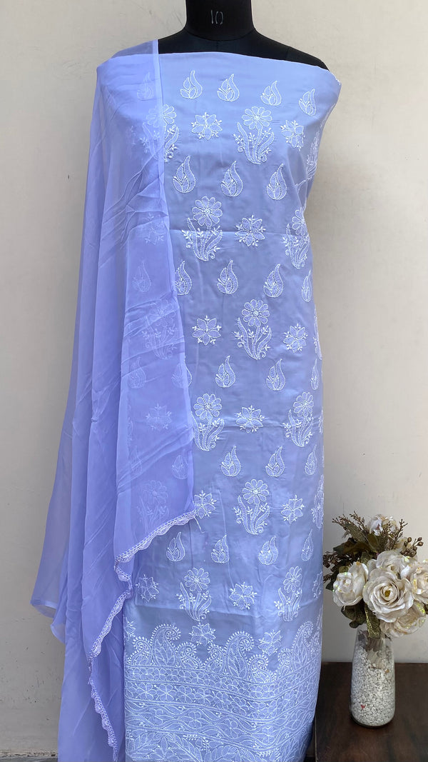 Lucknowi Chikankari Suit Length 3 Piece Purple Cotton