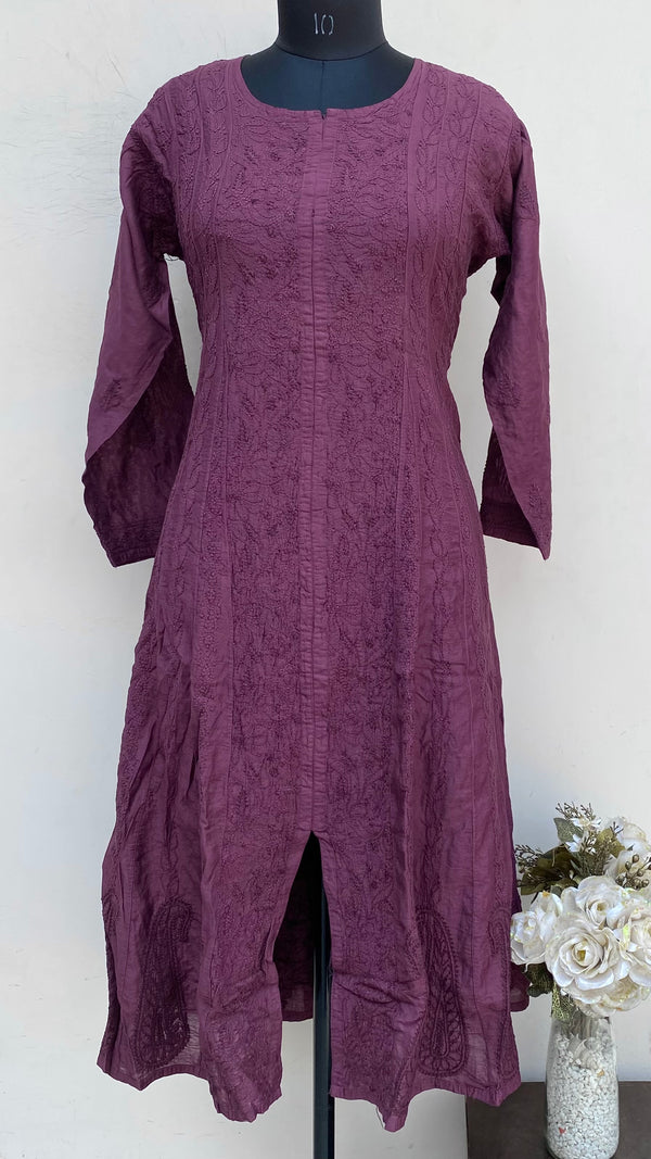 Lucknowi Chikankari Anarkali Kurti Maroon Mal Chanderi With Self Work