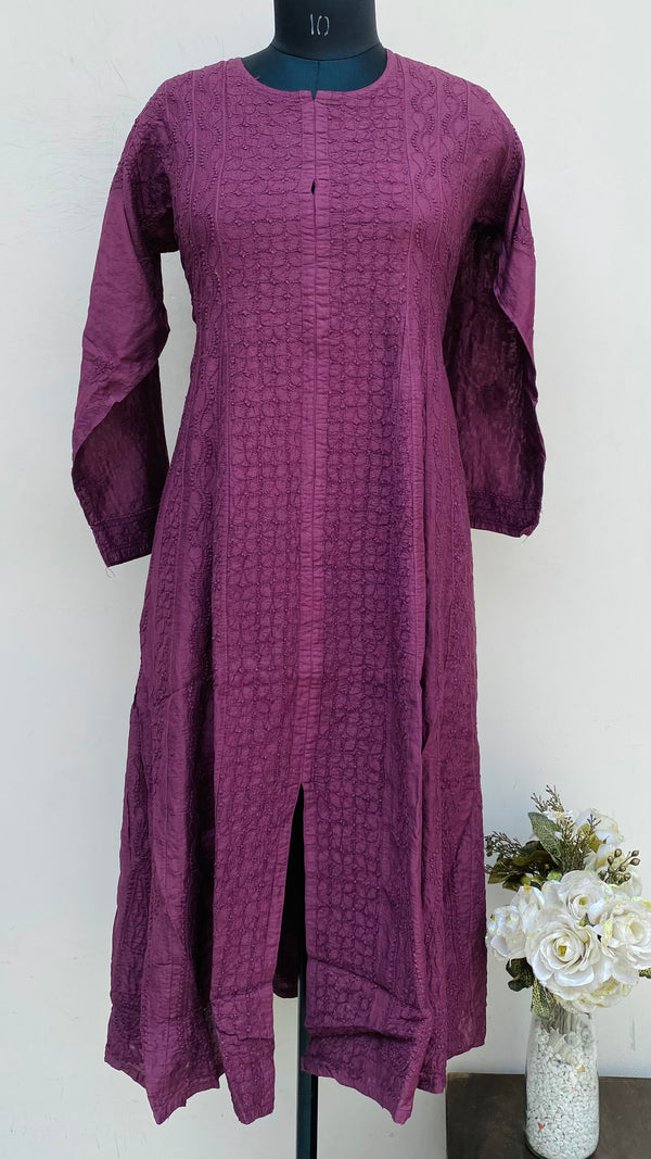 Lucknowi Chikankari Anarkali Kurti Maroon Mal Chanderi With Self Work