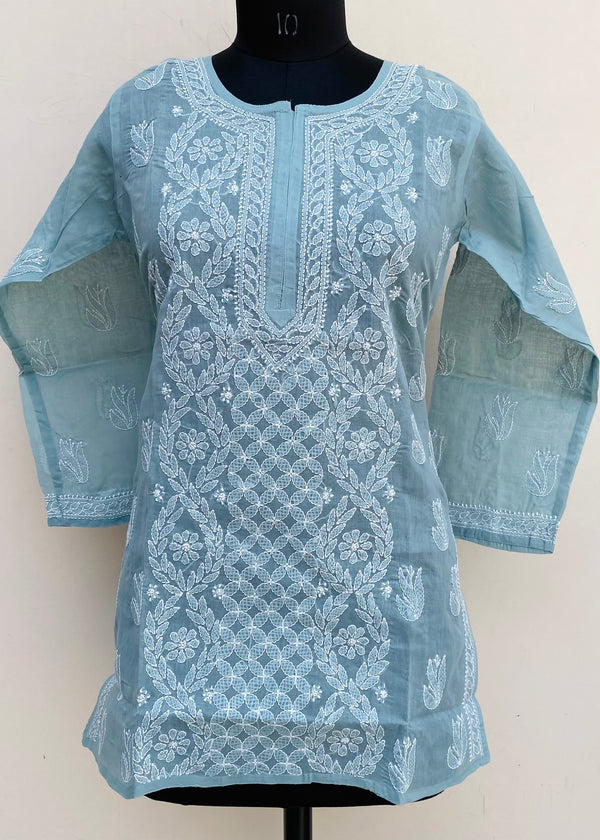Lucknowi Chikankari Short Kurti Gray Cotton