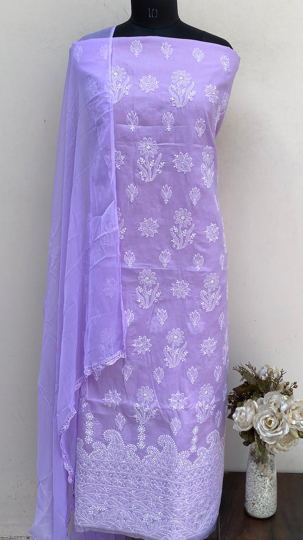 Lucknowi Chikankari Suit Length 3 Piece Purple Cotton