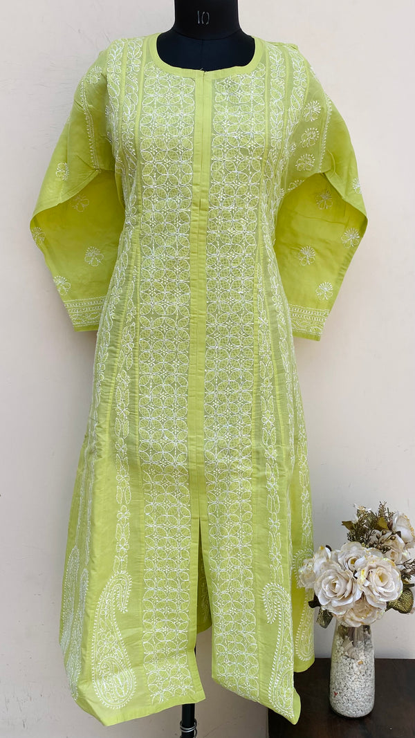 Lucknowi Chikankari Anarkali Kurti Parrot Green Cotton