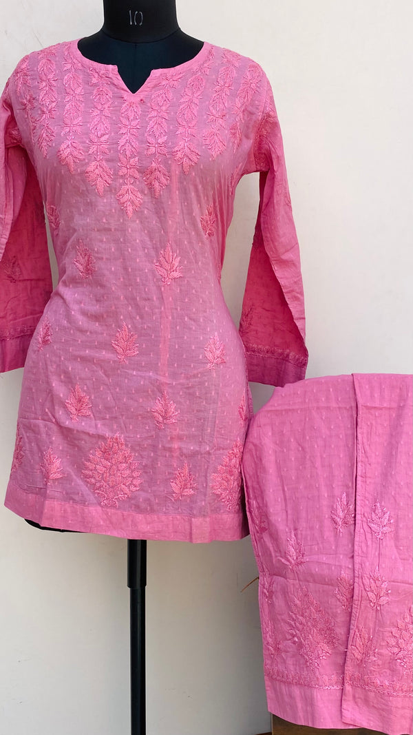 Lucknowi Chikankari Co-ord Set Pink Mulmul Cotton With Self Work
