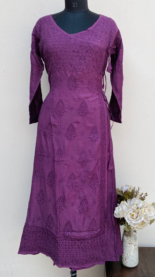 Lucknowi Chikankari Angrakha Kurti Wine Mal Chanderi With Self Work