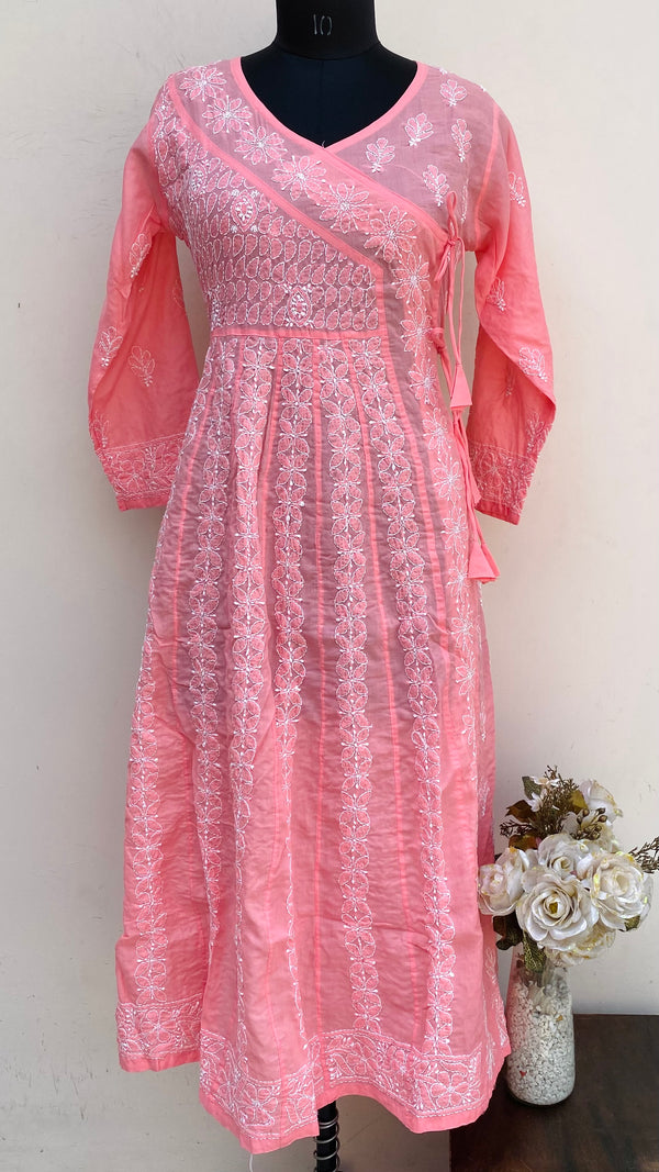 Lucknowi Chikankari Angrakha Kurti Pink Cotton