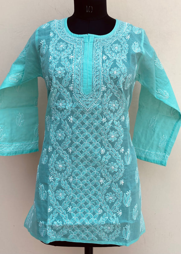 Lucknowi Chikankari Short Kurti Sea Green Cotton