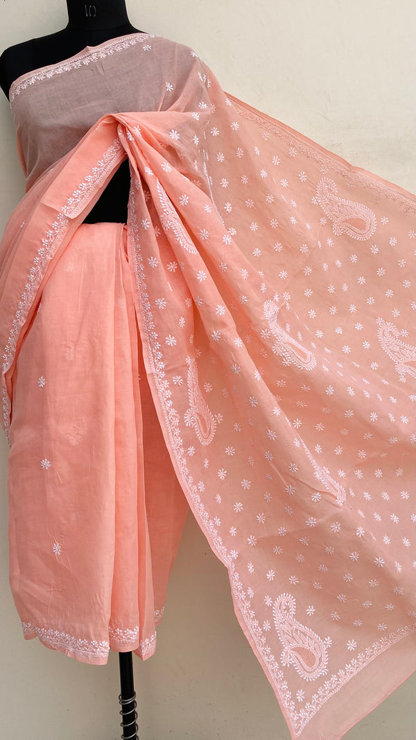 Lucknowi Chikankari Saree Peach Cotton With Jaali Work