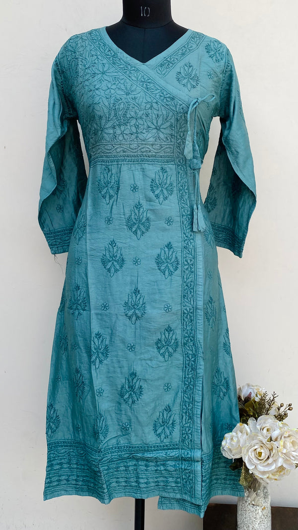 Lucknowi Chikankari Angrakha Kurti Green Mal Chanderi With Self Work