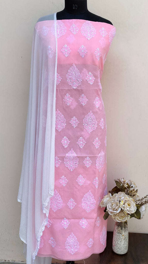 Lucknowi Chikankari Suit Length 3 Piece Pink Cotton